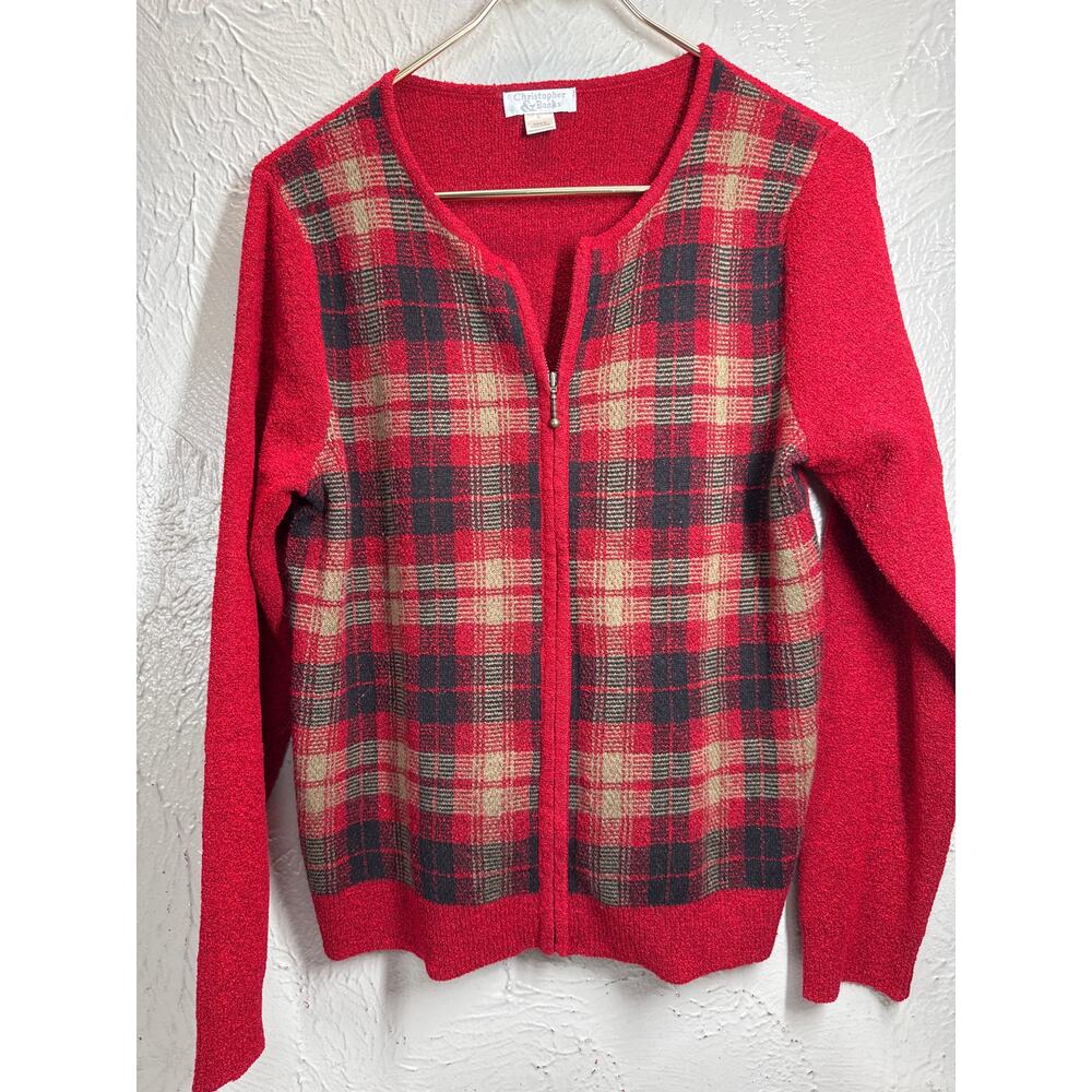Christopher &‎ Banks Women's Long Sleeve Zip-Front Sweater Red Tan Black Small - Picture 2 of 5